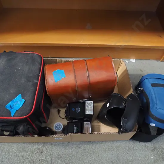 box; camera bags, flashes, 35mm film