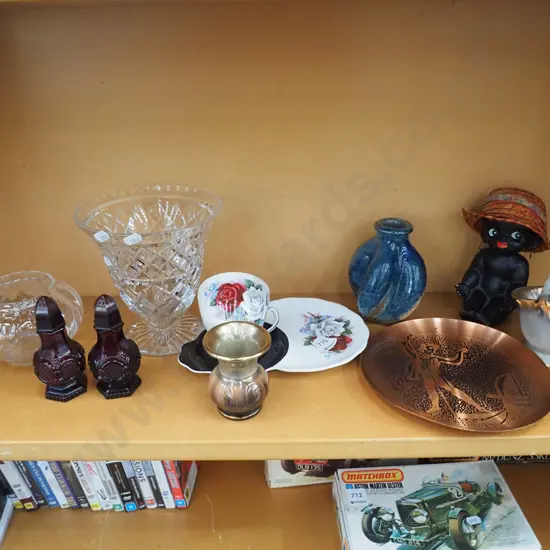 shelf; ruby glass salt and pepper, copper bowl etc