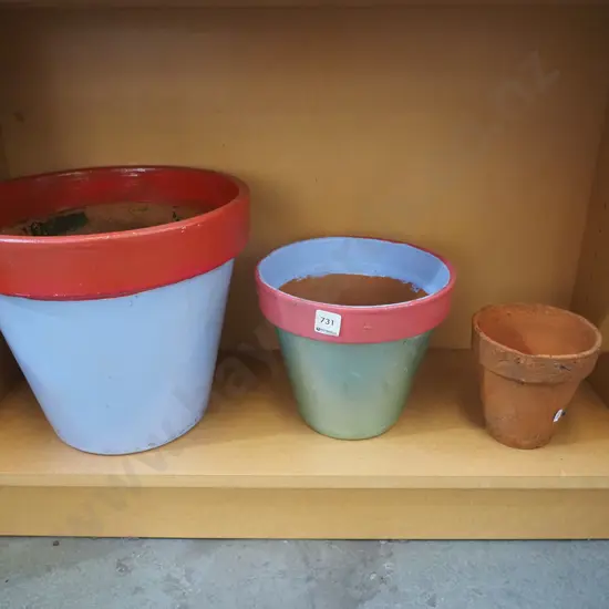3x terracotta planters - 2 are painted