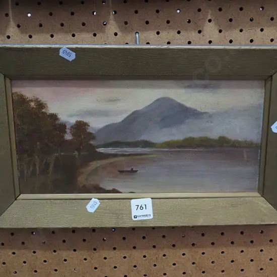 small colonial oil on board - lake and mountain scene H-130 W-290