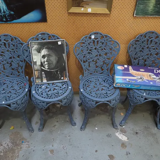 4x grey painted pressed alloy outdoor chairs