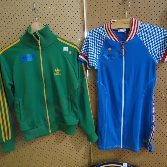 blue Whos That Girl dress, green Adidas 3 stripe jacket