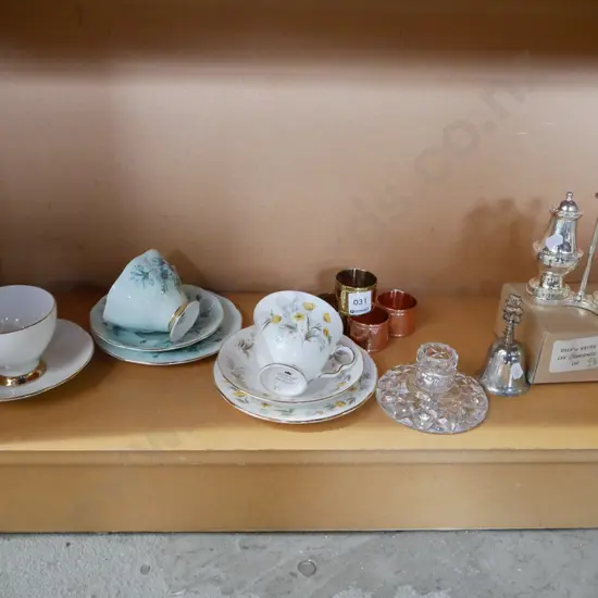 3x trios, copper napkin rings, crystal candlestick etc