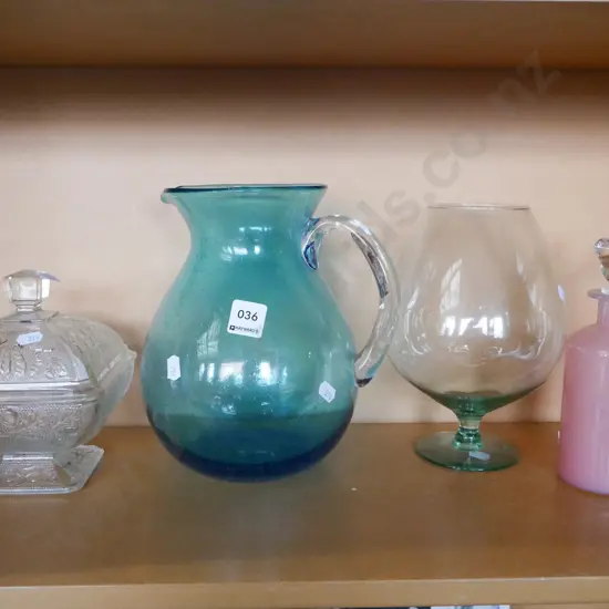 glass ware; canisters, jug, goblet vase