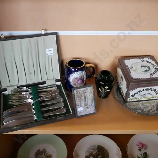 chocolate box, Limoges tankard, cutlery etc