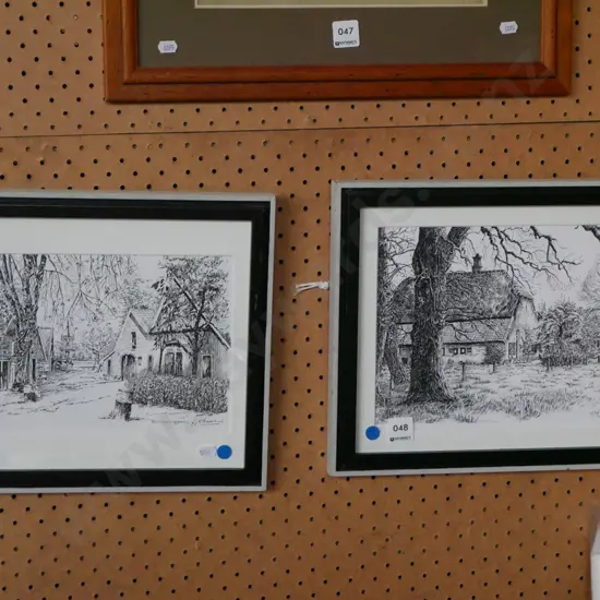 2x framed prints - farm buildings - blue dots