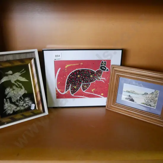 Australian aboriginal artwork, mother-of-pearl heron picture and a small framed watercolour