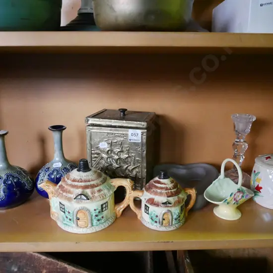 shelf; cottage tea pot, vases, embossed brass tea caddy, candlestick etc