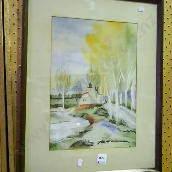 framed watercolour - stream, house