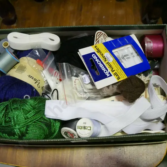 box; knitting wool, sewing threads etc