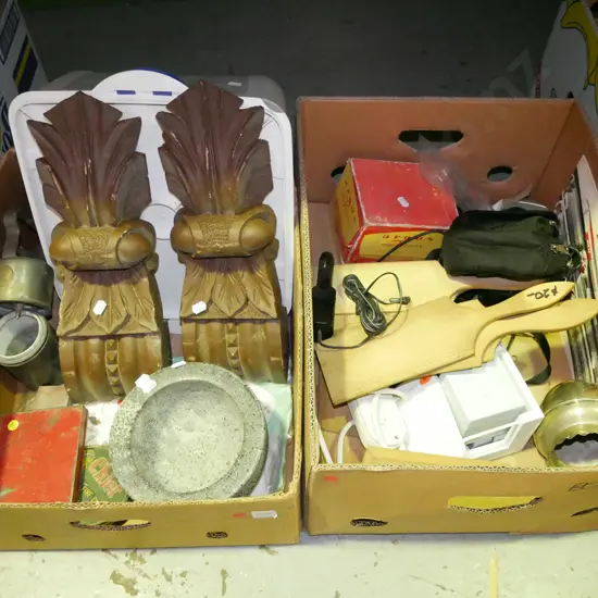 2 x boxes; storage canister, wooden architectural features, butter pats, camera etc - red dots