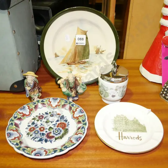 Doulton plate, mud figurines, egg coddler etc