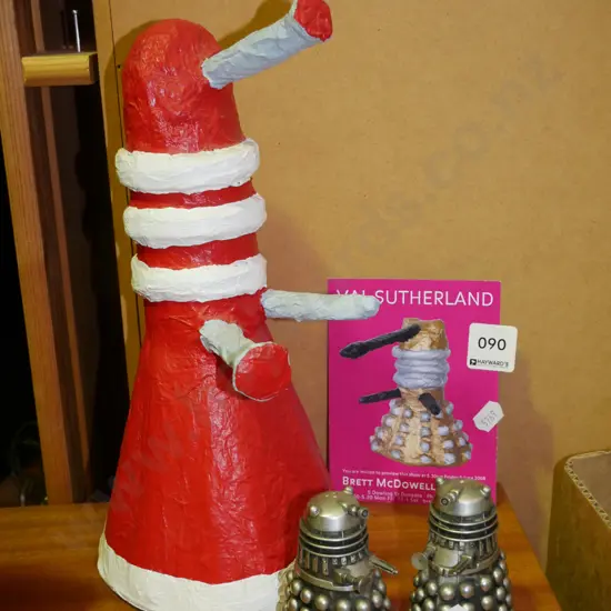 Val Sutherland paper mache dalek - has repair, dalek salt and pepper shakers