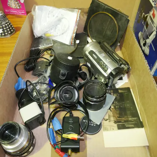 box; camera lenses, negatives, digital camera etc