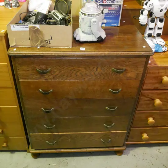 oak deco 5 drawer tall boy - slight damage to varnish H-1060 W-800 D-490