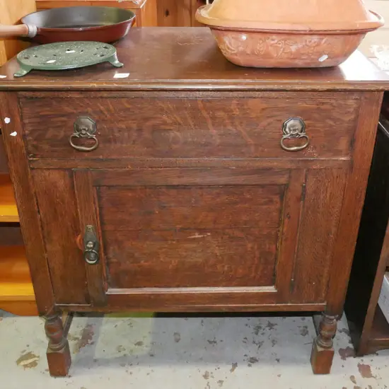 Edwardian oak 1 door 1 drawer cupboard - significant borer in back H-790 W-745 D-440