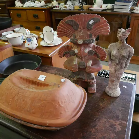 2x South American pottery figurines - damage and repairs, terracotta lidded roasting dish