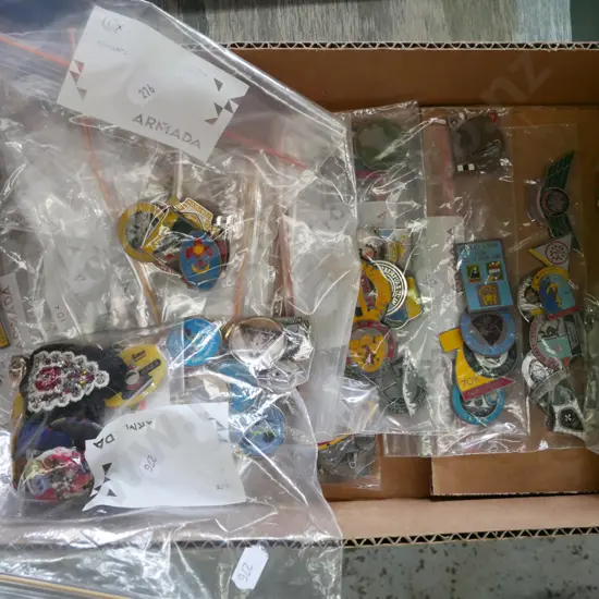 box; bags of various badges
