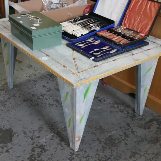 hand painted barb wire themed coffee table