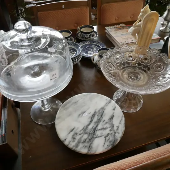 tall cake stand with dome H-340, glass comport, marble lazy susan