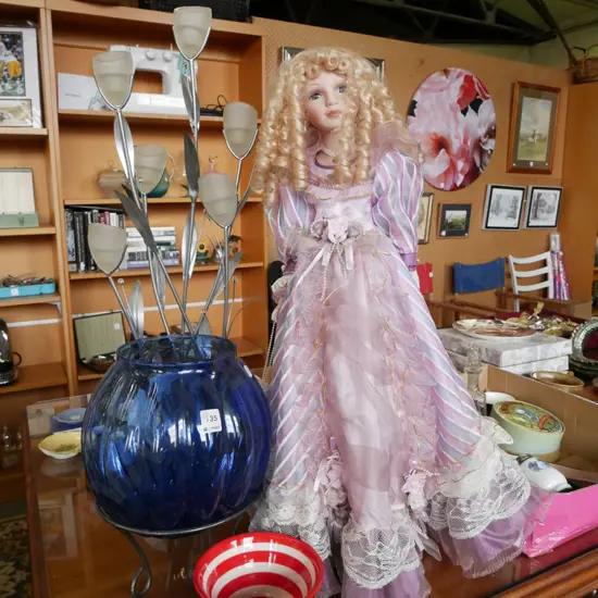 floral themed candelabra H-770, blue glass bowl on metal stand, pottery bowl, unusual porcelain half doll in glass vase