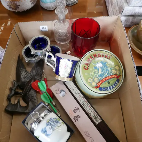 box; large egg coddler, fans, darts etc