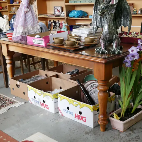 solid pine turned leg dining table with glass covering H-760 W-1780 D-1020