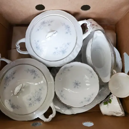 blue floral lidded veges gravy boat, bowls etc