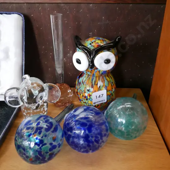 art glass owl, vases, elephant etc