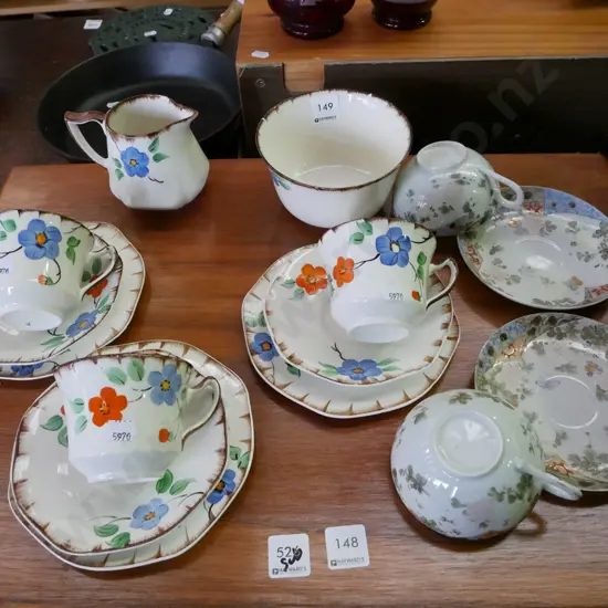 hand painted 11 piece tea set with additional bone china cups and saucers