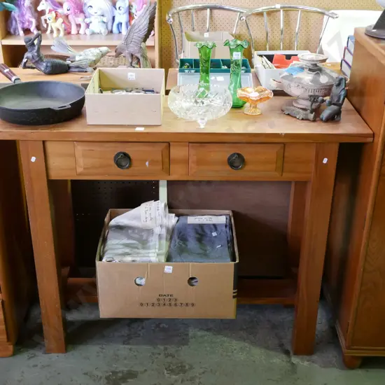 solid rimu 2 drawer hall table with cast drop handles - has some paint markings H-900 W-1200 D-380