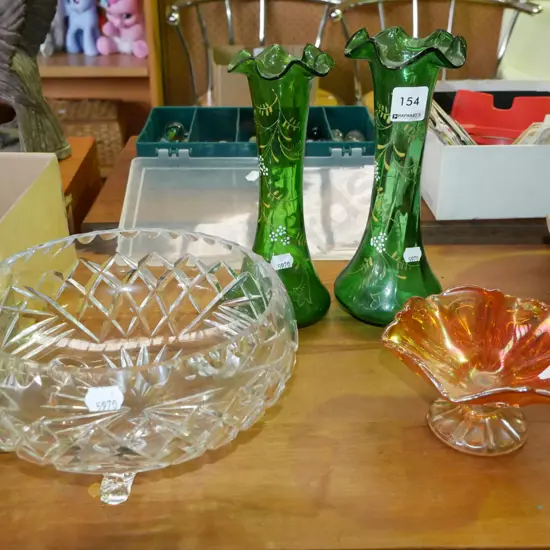 small carnival glass comport, footed crystal bowl, 2x hand painted green vases H-225