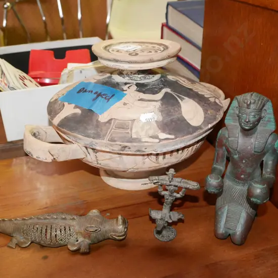 reproduction classical lidded bowl - serious repairs, 3x figurines