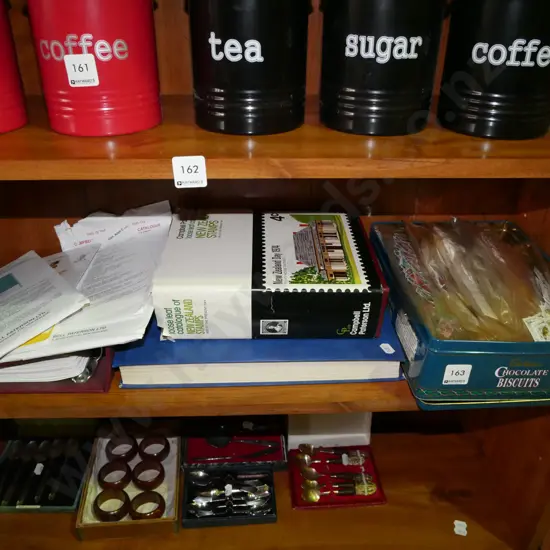 shelf; loose stamps, stamp albums