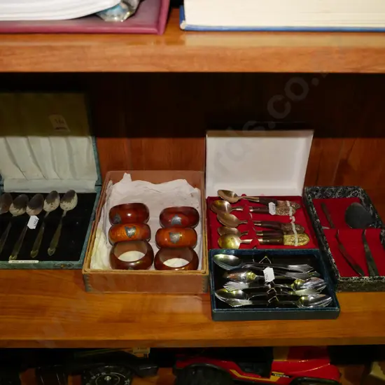 shelf; cased cutlery, napkin rings