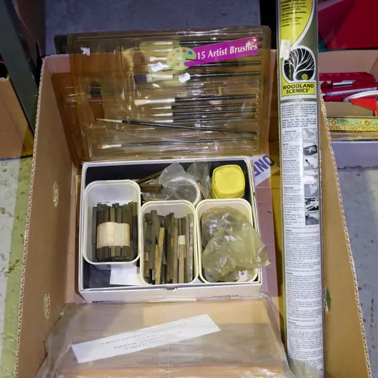 box; model train layout, materials, paint brushes
