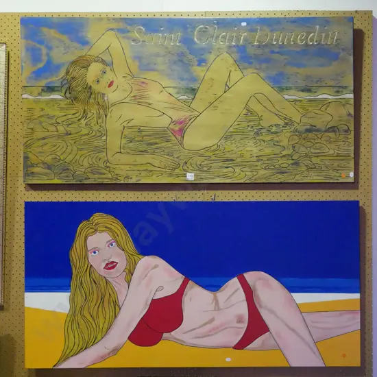 2x large acrylics on board - woman laying on beach - orange dots