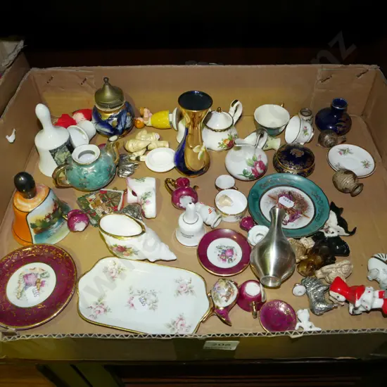 box of miniatures; Limoges, bells, vases etc
