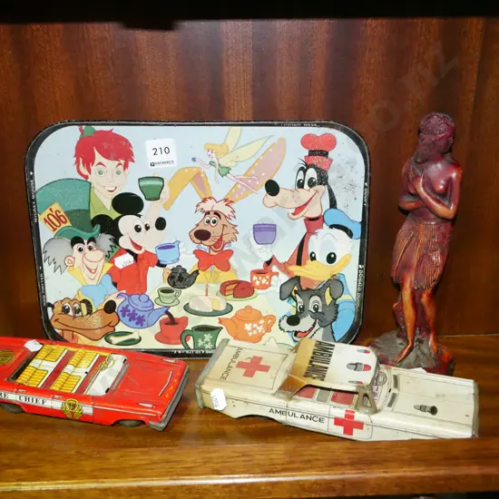 early Disney tray, 2x vehicles - some damage, figurine