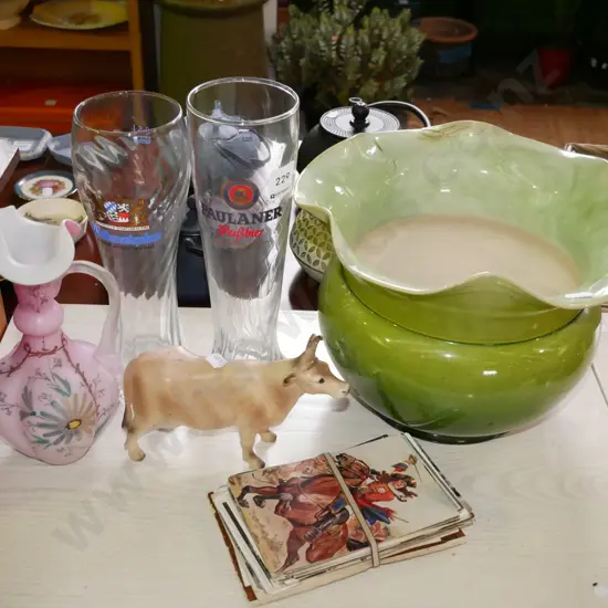 2x large beer glasses, green glazed jardiniere - repair, cow figurine etc