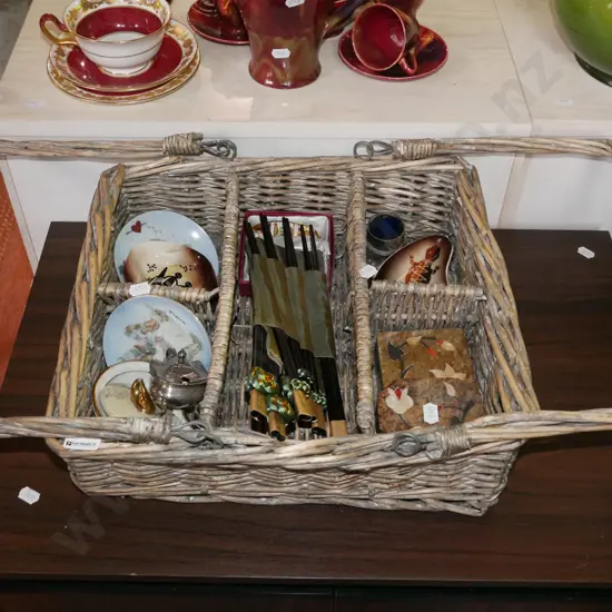 segmented cane basket; chopsticks, pin dishes etc