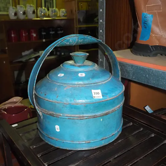 blue metal lidded basket/canister