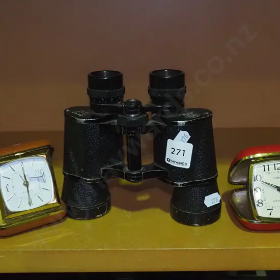 2x bedside alarm clocks, binoculars