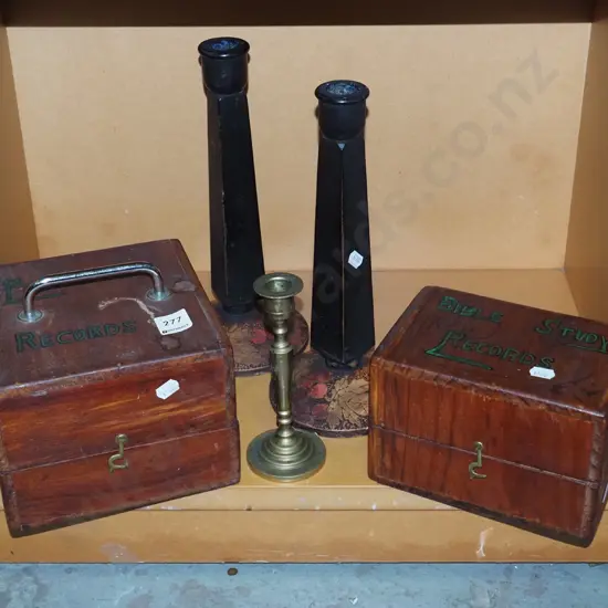 2x wooden boxes, 3x candlesticks
