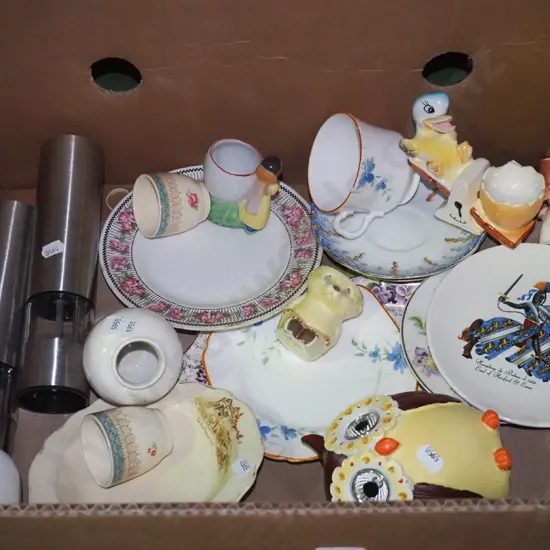 box; tea cups, saucers, salt and pepper shaker etc