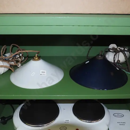 1x blue metal, 1x white glass rise and fall light fittings