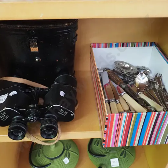 leather cased 12x50 field binoculars, cutlery