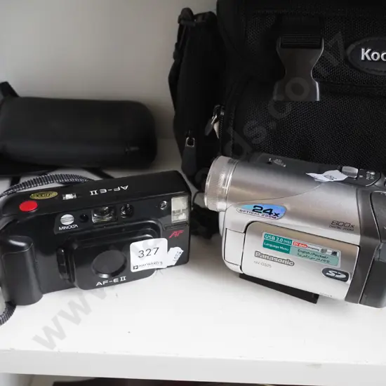 Panasonic video camera, Minolta 35mm camera, camera bag