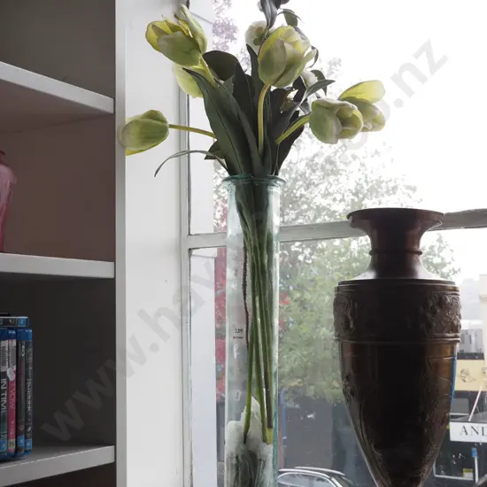 tall glass vase H-570, faux plastic flowers