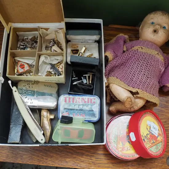 vintage doll, box; coasters, cuff links etc